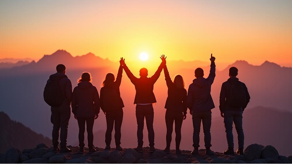 Team von AlpenGlow Journeys feiert Erfolg auf einem Alpengipfel bei Sonnenuntergang