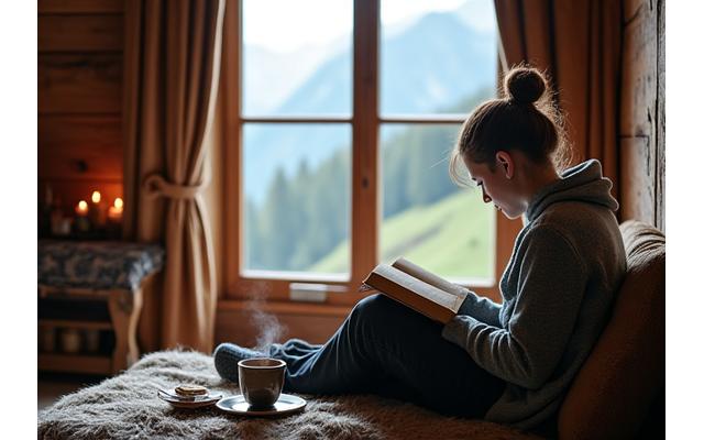 Eine Person liest ein Buch in einer abgelegenen Berghütte, ohne digitale Geräte