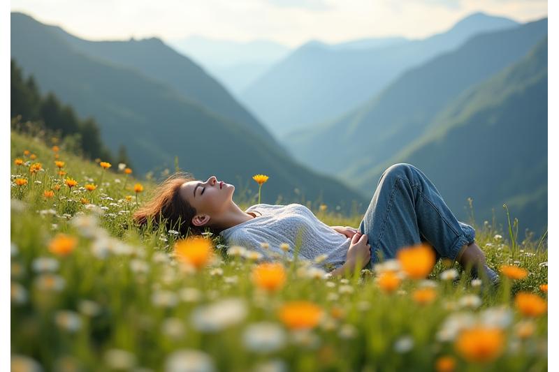 Eine Person entspannt auf einer blühenden Alpwiese mit Blick auf die Berge