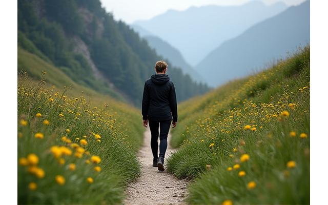 Eine Person meditiert achtsam beim Wandern in der Berglandschaft