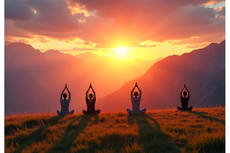 Eine Gruppe praktiziert Yoga auf einem Bergplateau bei Sonnenaufgang