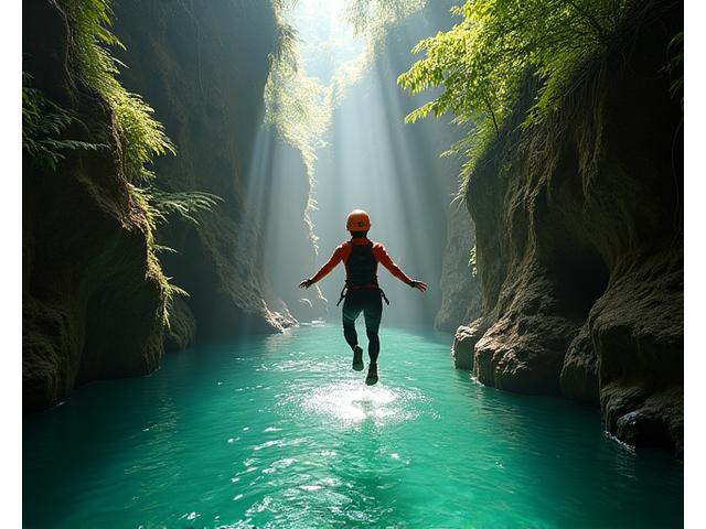 Canyoning in einer felsigen Schlucht mit Sprüngen und Rutschbahnen