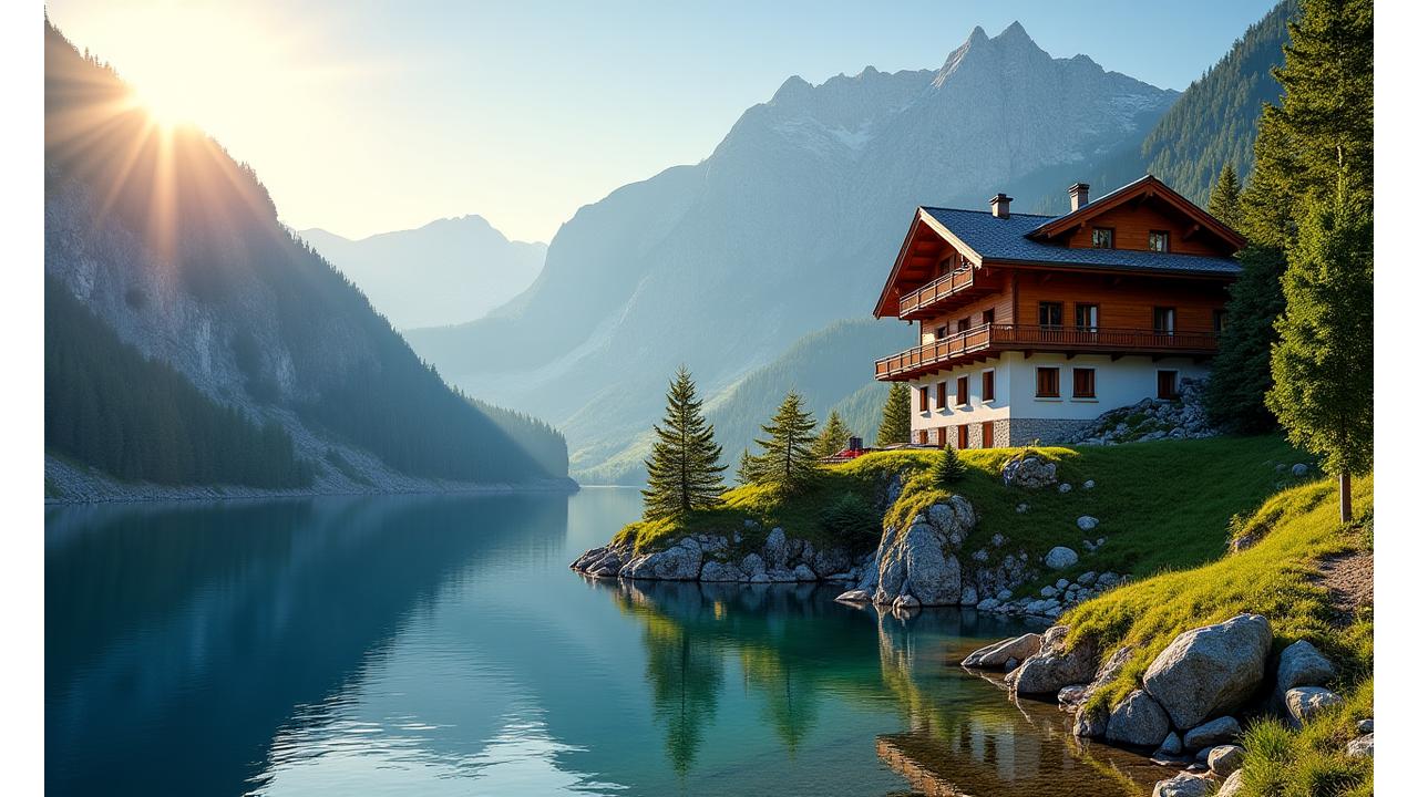 Malerisches Schweizer Bergchalet in den Alpen mit Blick auf einen glitzernden See, Sonnenuntergang