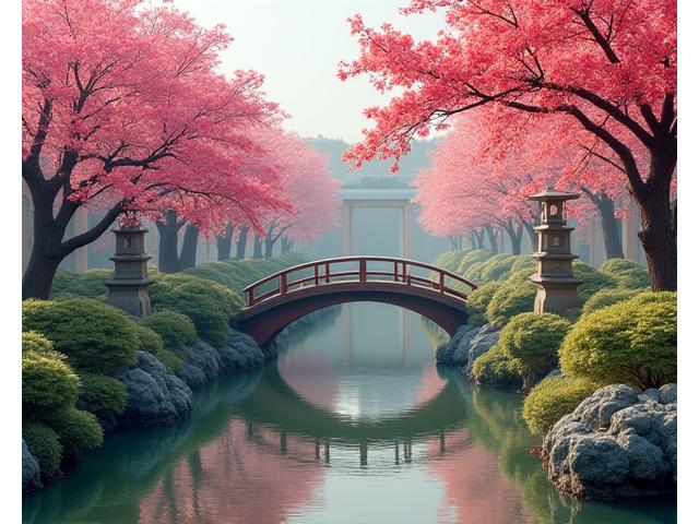 Traditioneller japanischer Garten mit Koi-Teich und Kirschblüten
