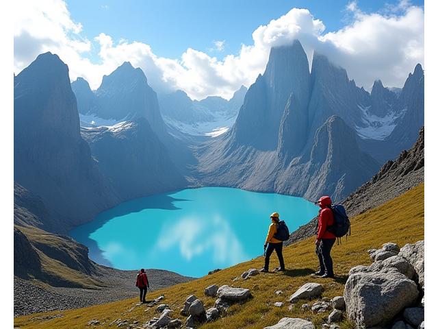 Gruppe Wanderer auf einem Bergpfad in Patagonien, atemberaubende Landschaft