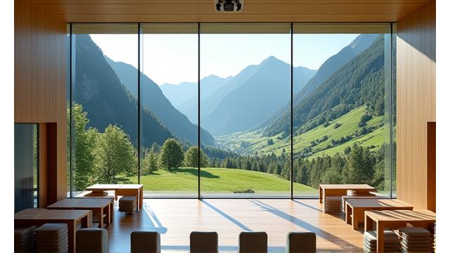 Modernes Konferenzzentrum in den Alpen mit großen Fenstern und Panoramablick.