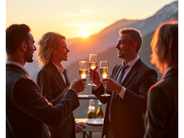 Ein Team jubelt nach erfolgreichen Sales-Ergebnissen in einer luxuriösen Alpenresidenz.