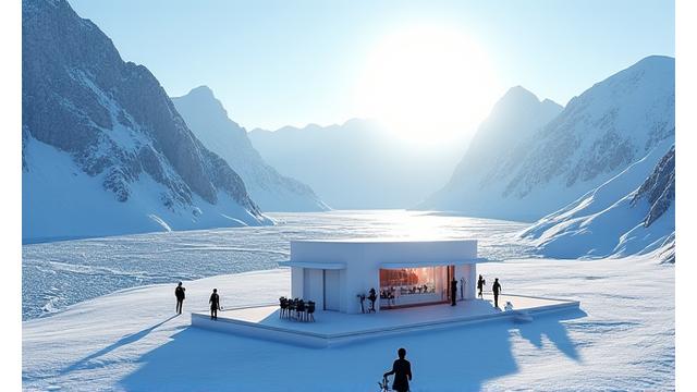 Veranstaltung auf einem Gletscher in der Schweiz, umgeben von eisiger Landschaft.