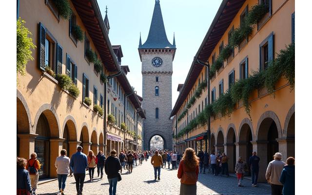 Historische Altstadt von Bern mit dem Zytglogge-Turm und Kopfsteinpflastergassen, durch die Einheimische und Besucher schlendern.