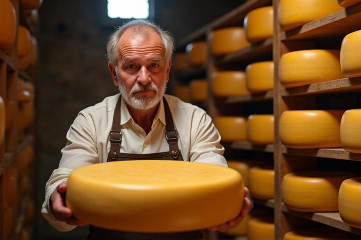 Ein Meisterkäser in einem traditionellen Reifekeller, der einen großen Laib Gruyère-Käse wendet und prüft.