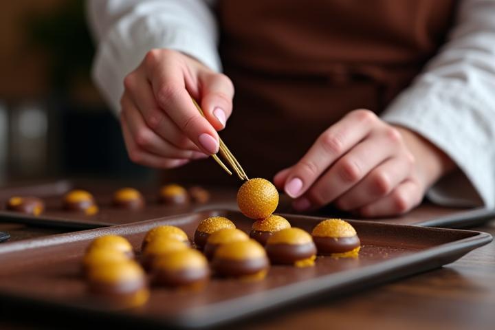 Eine Chocolatière in einer eleganten Schokoladenmanufaktur zeigt handgefertigte Pralinen, während ein Gast interessiert zuschaut.