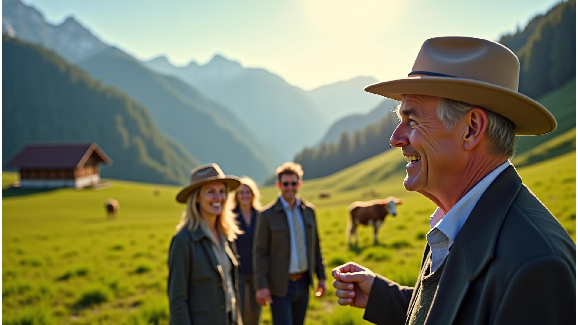 Älterer Schweizer Bauer mit traditionellem Hut, der Besucher auf einer malerischen Alm im Emmental begrüßt, im Hintergrund sanfte grüne Hügel und die majestätischen Alpen.