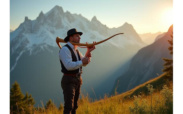 Ein traditioneller Alphornbläser in voller Tracht spielt sein Instrument vor einem Panorama von verschneiten Schweizer Bergen.
