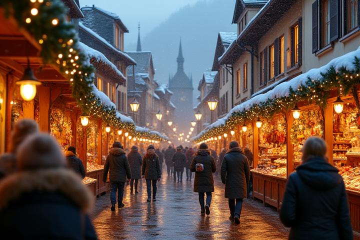 Ein festlich dekorierter traditioneller Schweizer Dorfplatz zur Weihnachtszeit, mit kleinen Holzständen, Lichtern und Schneeflocken, Menschen genießen warme Getränke.