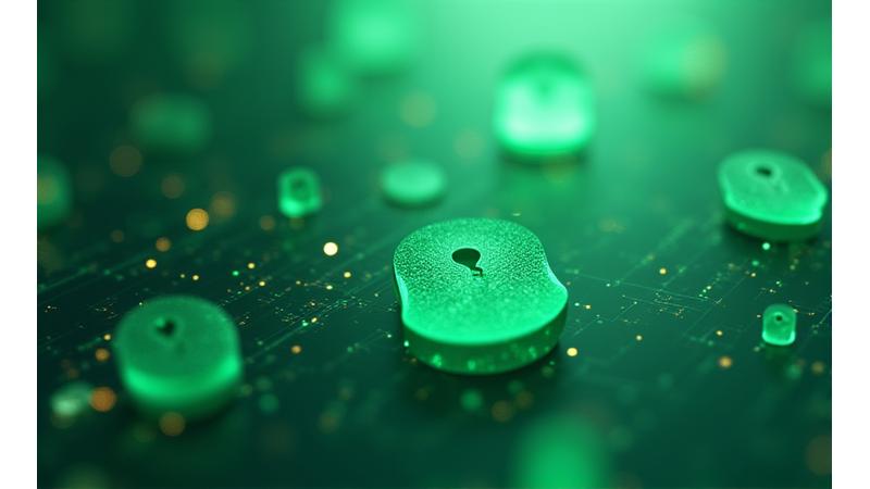 Grafische Darstellung von Datensicherheit und Verschlüsselung mit Schutzschild und Vorhängeschloss Symbolen