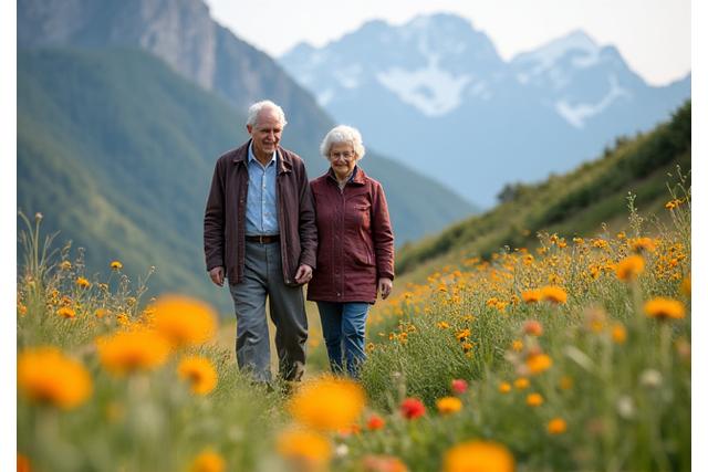 Senioren genießen eine leichte Wanderung durch Blumenwiesen