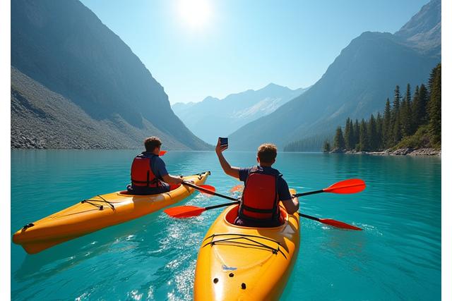 Teenager beim Kajakfahren in einem Bergsee