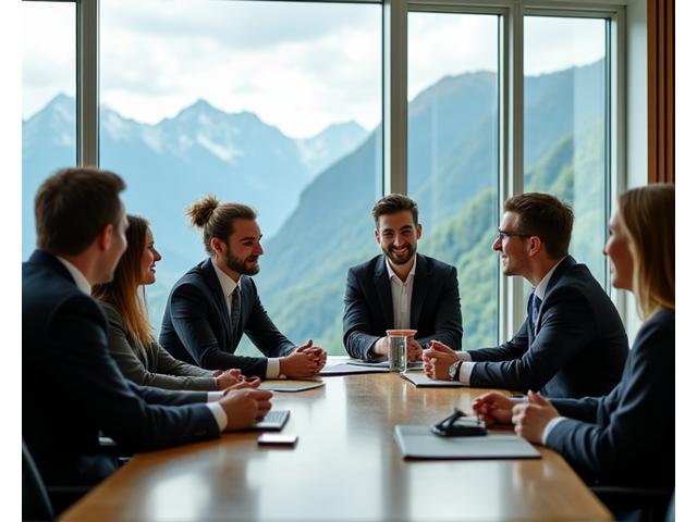 Team-Event von Unternehmen in einem modernen Konferenzraum mit Alpenblick