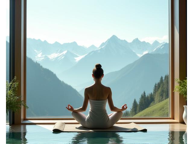 Frau meditiert in einer modernen Wellness-Oase mit Bergblick