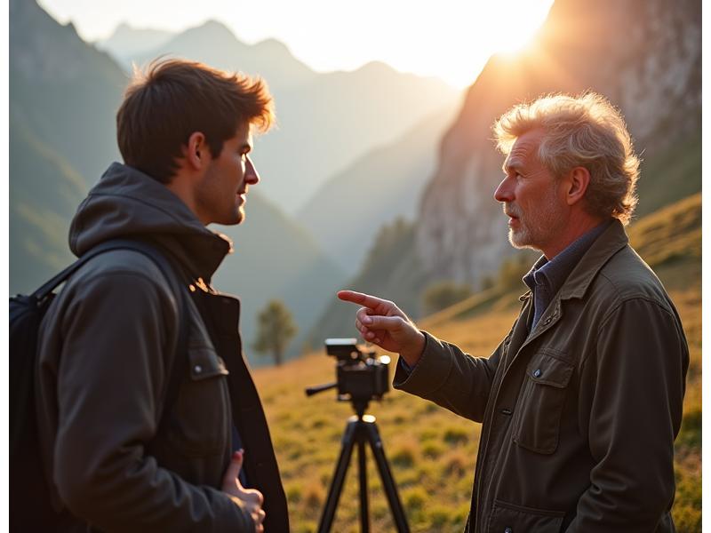 Ein Location Scout im Gespräch mit einem Reisenden vor einer beeindruckenden Bergkulisse, Kameraequipment im Hintergrund