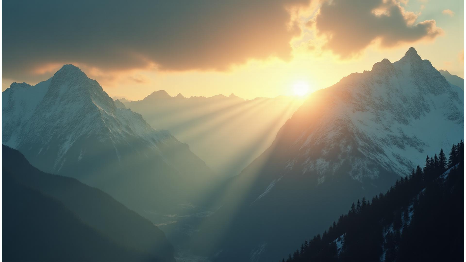 Blick auf eine majestätische Bergkulisse, die an einen berühmten Film-Drehort erinnert, mit einer dezenten Filmszene-Projektion