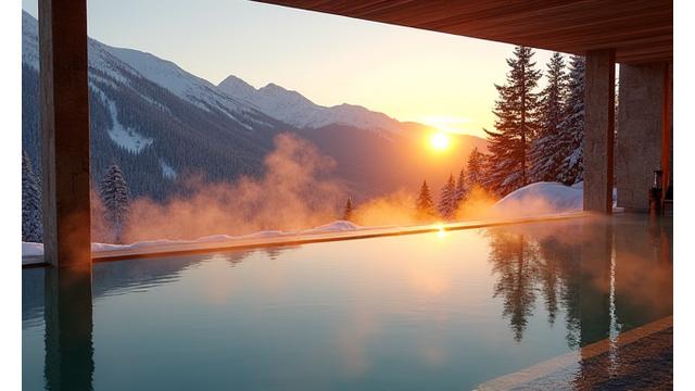 Luxuriöser Infinity-Pool eines alpinen Spas mit Dampf und Blick auf verschneite Berge bei Sonnenuntergang