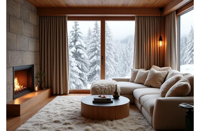 Elegantes Boutique-Chalet-Interieur mit Kamin und Schaffellen, perfekt für Paare