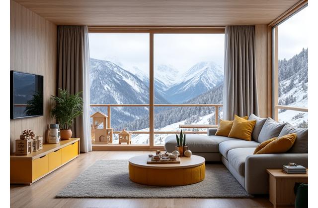 Geräumiges Luxus-Familienchalet mit großen Fenstern, Blick auf die Berge und moderner Einrichtung