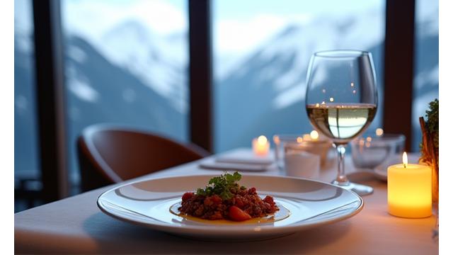 Elegantes Fine-Dining-Gericht auf einem Tisch in einem Panorama-Bergrestaurant mit Blick auf schneebedeckte Gipfel
