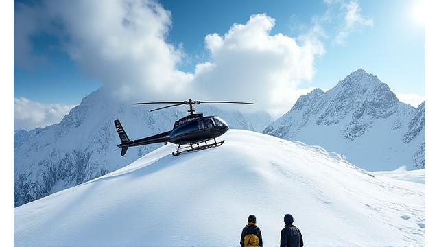 Ein Helikopter landet sanft auf einem unberührten schneebedeckten Berggipfel für Heli-Skiing