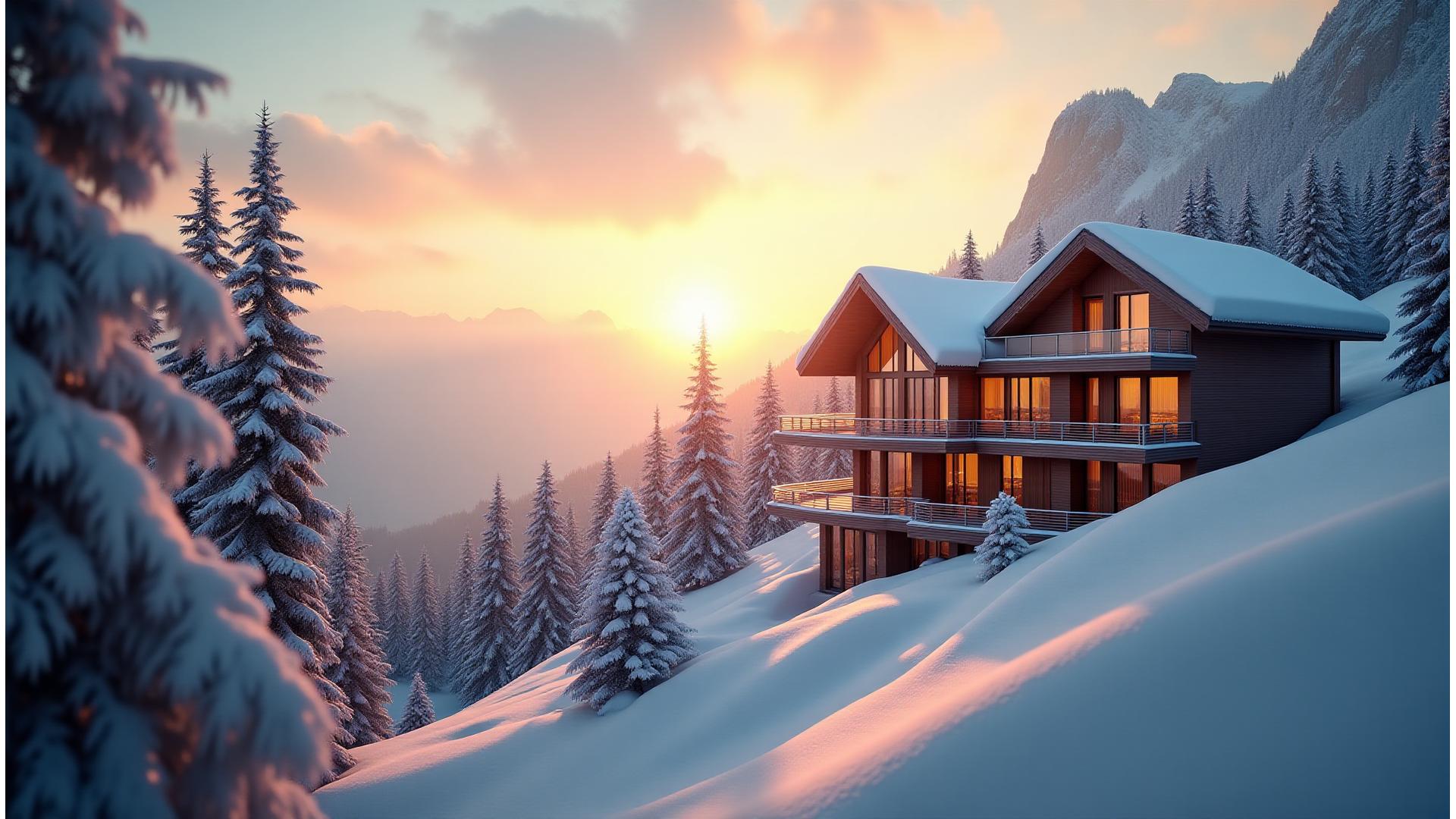 Majestätisches Luxus-Chalet in den Schweizer Alpen bei Sonnenuntergang, mit Ski-in/Ski-out-Zugang zu perfekt präparierten Pisten
