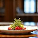 Ein privater Sternekoch präsentiert ein exquisites Gourmetgericht in einem luxuriösen Chalet