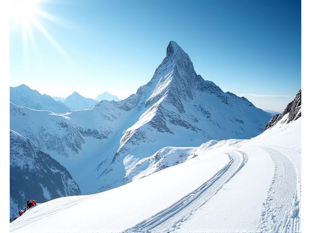 Iconisches Matterhorn im Hintergrund von Zermatt, mit Skifahrern auf den sonnigen Pisten