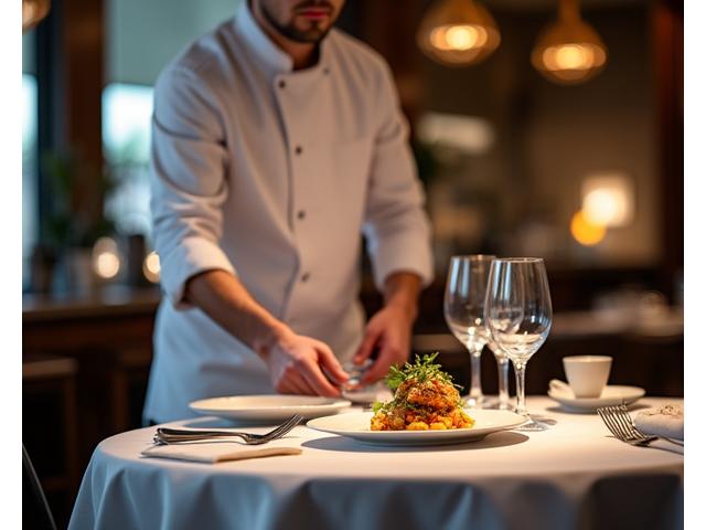 Ein festlich gedeckter Chef's Table in einer Gourmetküche