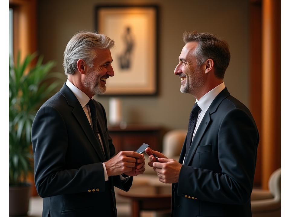 Lächelnder Concierge im Gespräch mit einem Solo-Gast in einer Hotellobby