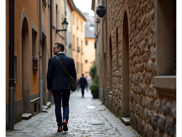 Einzelne Person beim Erkunden einer alten europäischen Stadtgasse