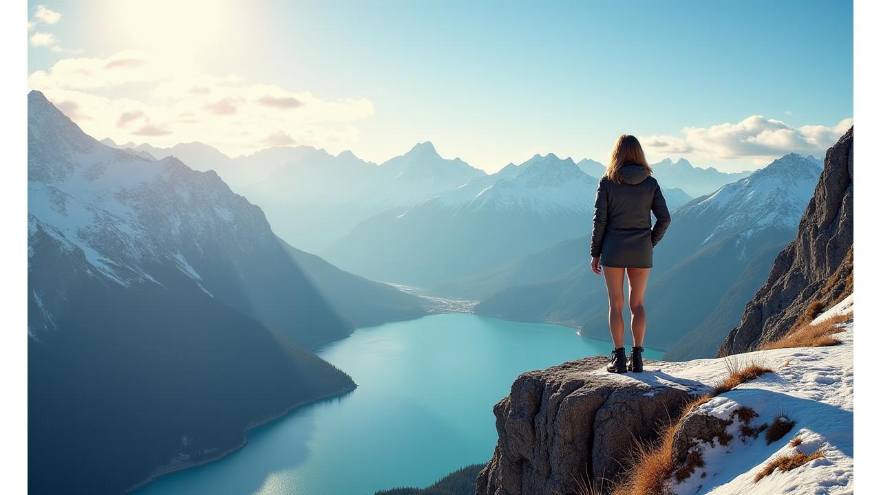 Alleine auf einem Berggipfel stehend und die majestätische Alpenlandschaft bewundernd