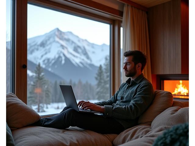 Eleganter Digitaler Nomade arbeitet stilvoll in einer luxuriösen Berghütte