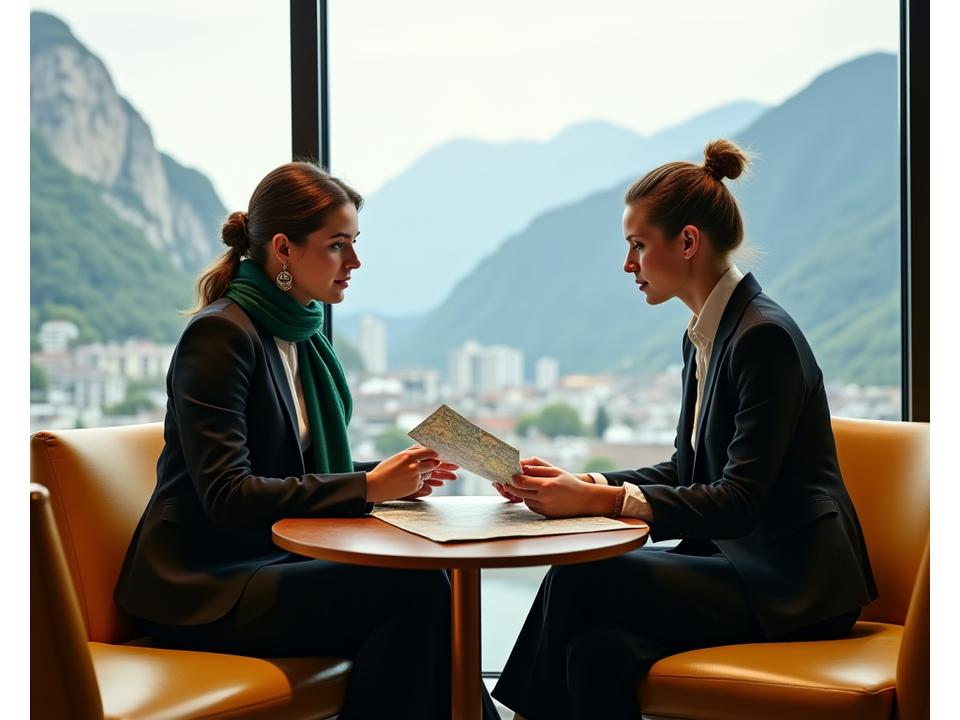 Concierge bespricht Reispläne mit einem Solo-Reisenden vor einem Panoramafenster